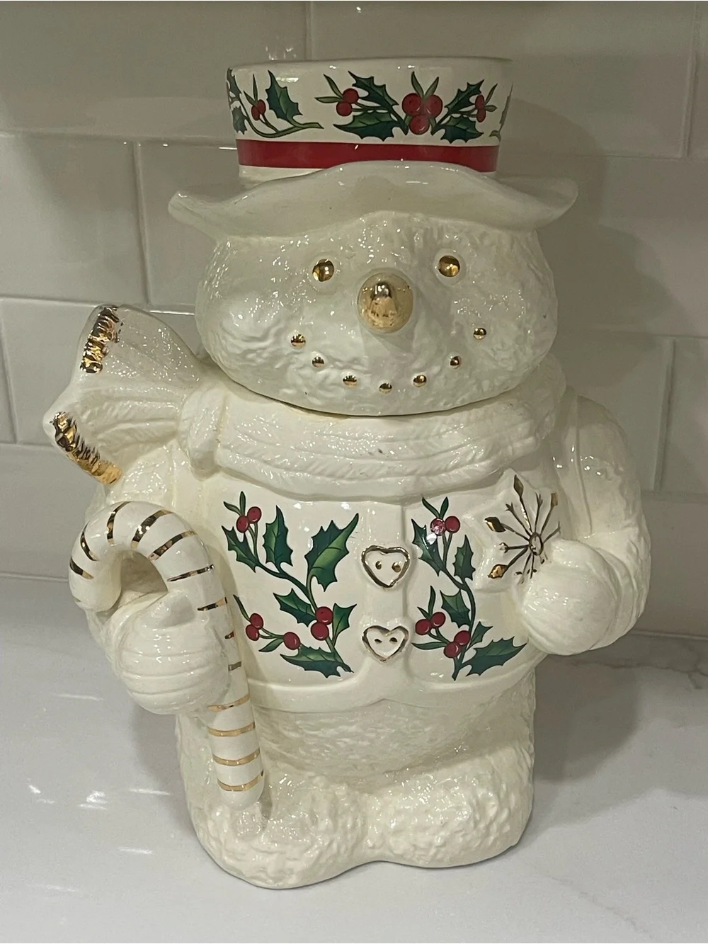 Formalities by Baum Bros Snowman Christmas Holly Ceramic Cookie Jar 11 in